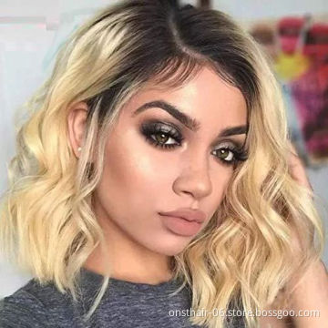 Short Blonde Water Wave Synthetic Bob Wigs For Women With Bangs Heat Resistant Natural Wavy Cosplay Wigs Hairline Full Wigs